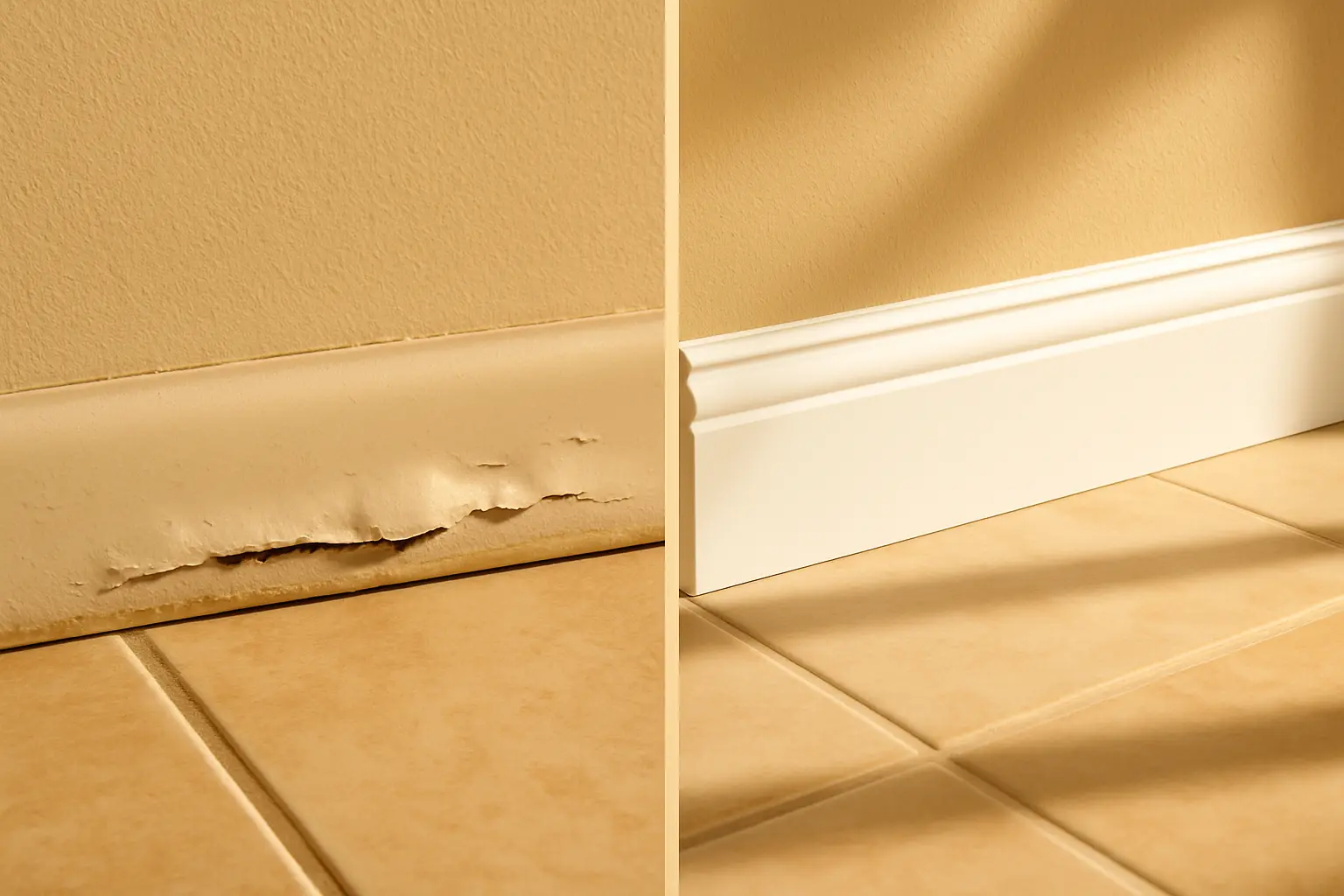 Side-by-side view of peeling baseboard and new, intact baseboard along tile floor in a Bullhead City remodel.