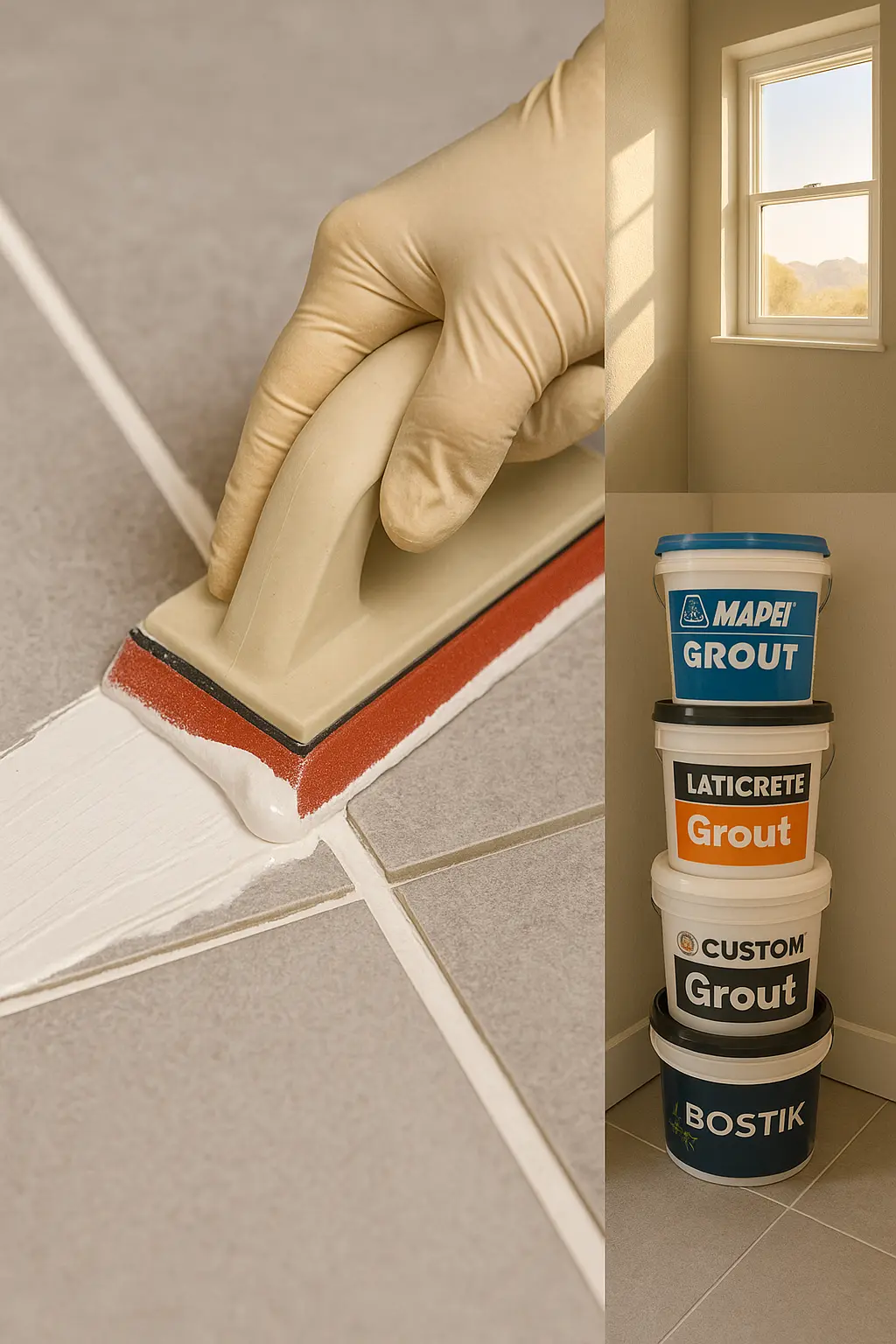 A gloved hand applies grout between tiles with a float, while four stacked buckets sit by a window in Bullhead City.