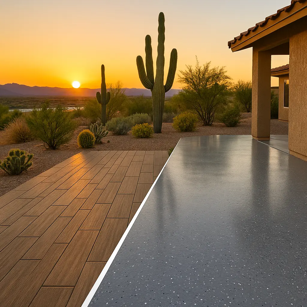 A modern patio with tile and smooth concrete flooring in Fort Mohave overlooks desert plants and cacti at sunset.