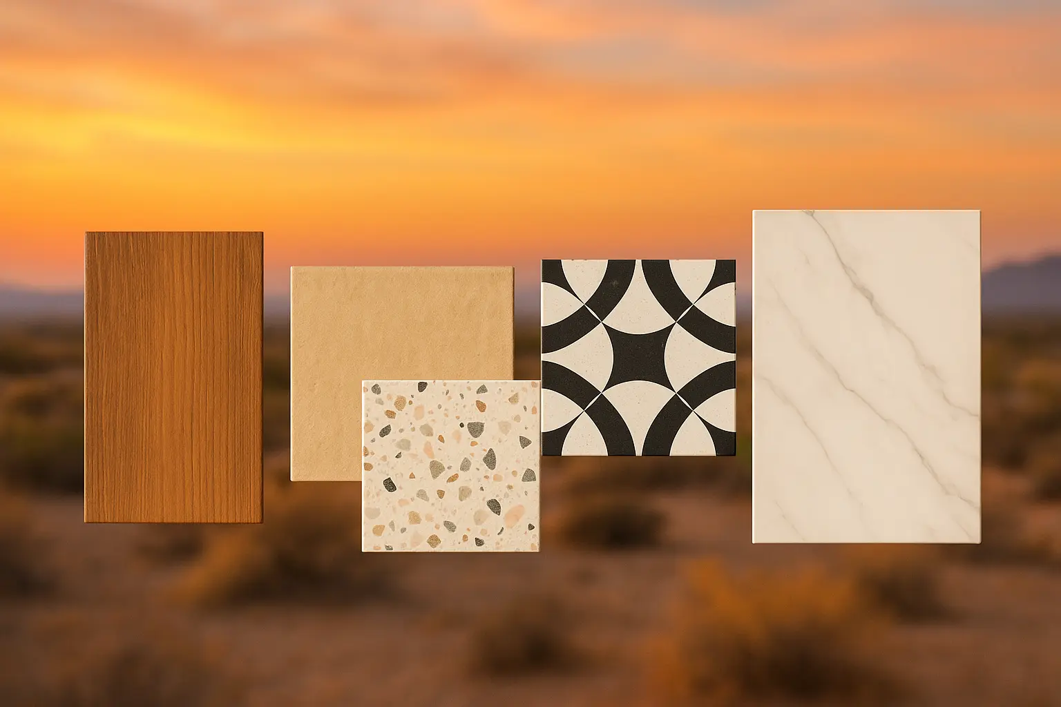Five rectangular tile samples with unique patterns rest before a desert sunset near Bullhead City, perfect for your remodel.